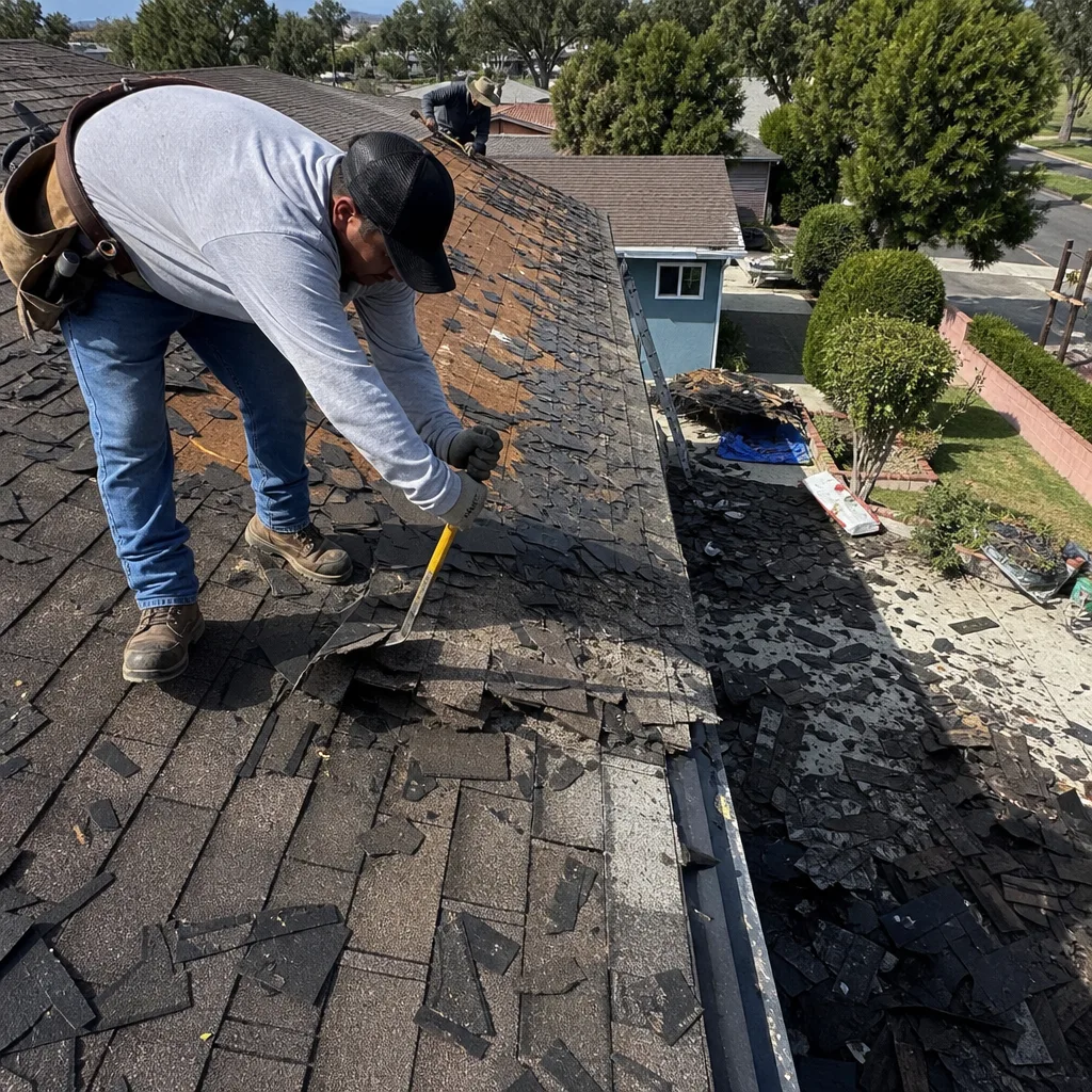 Roofer removing old shingles with a roof shovel tool