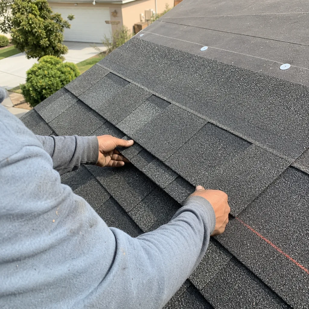 Professional roofer installing high-quality asphalt shingles on a residential home roof in West Covina, CA