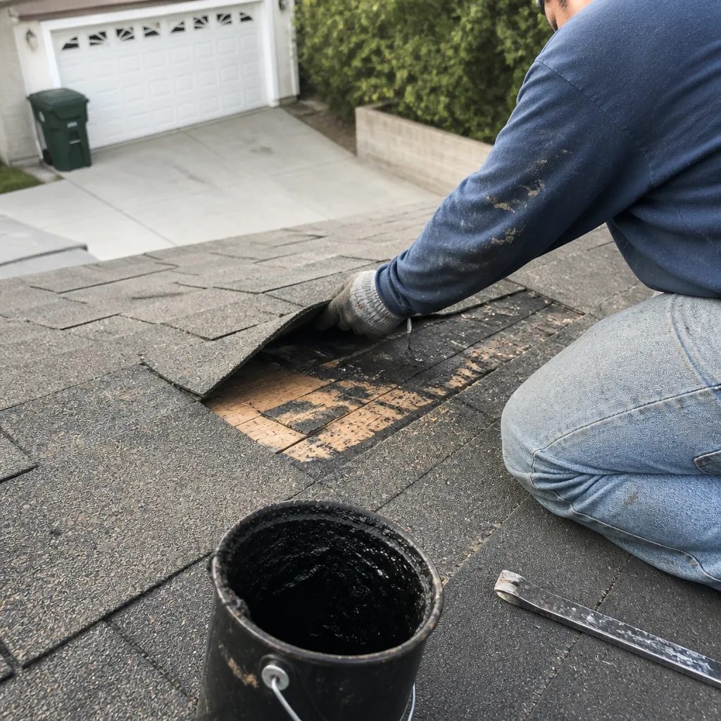 A roofing contractor performing professional shingle repair on a residential roof.