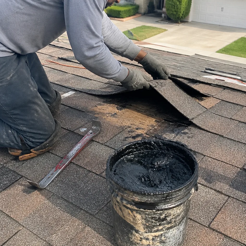 Professional roofer performing shingle repair work on a residential roof