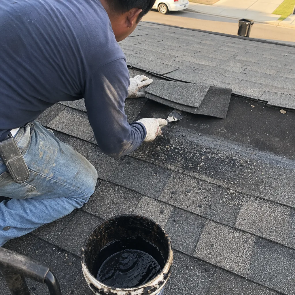 Professional roofer repairing damaged asphalt roof shingles with sealant