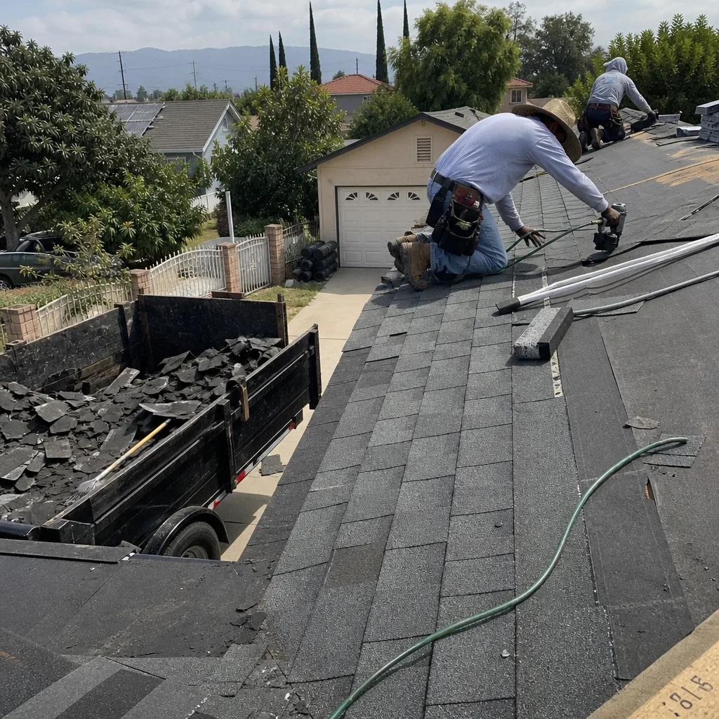 Professional roofers performing residential roof replacement and shingle installation.
